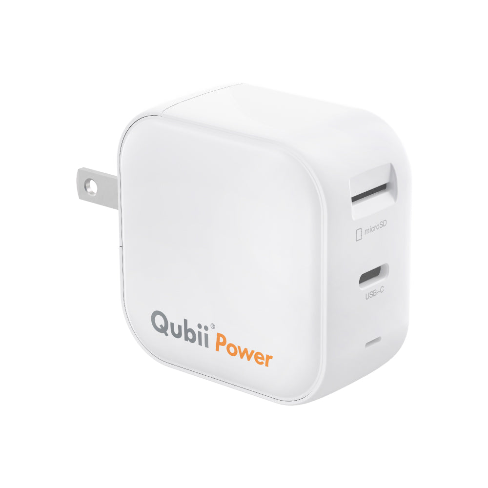 A white Qubii Power charger with a USB-C port and a microSD card slot, branded with 'Qubii Power' on the side