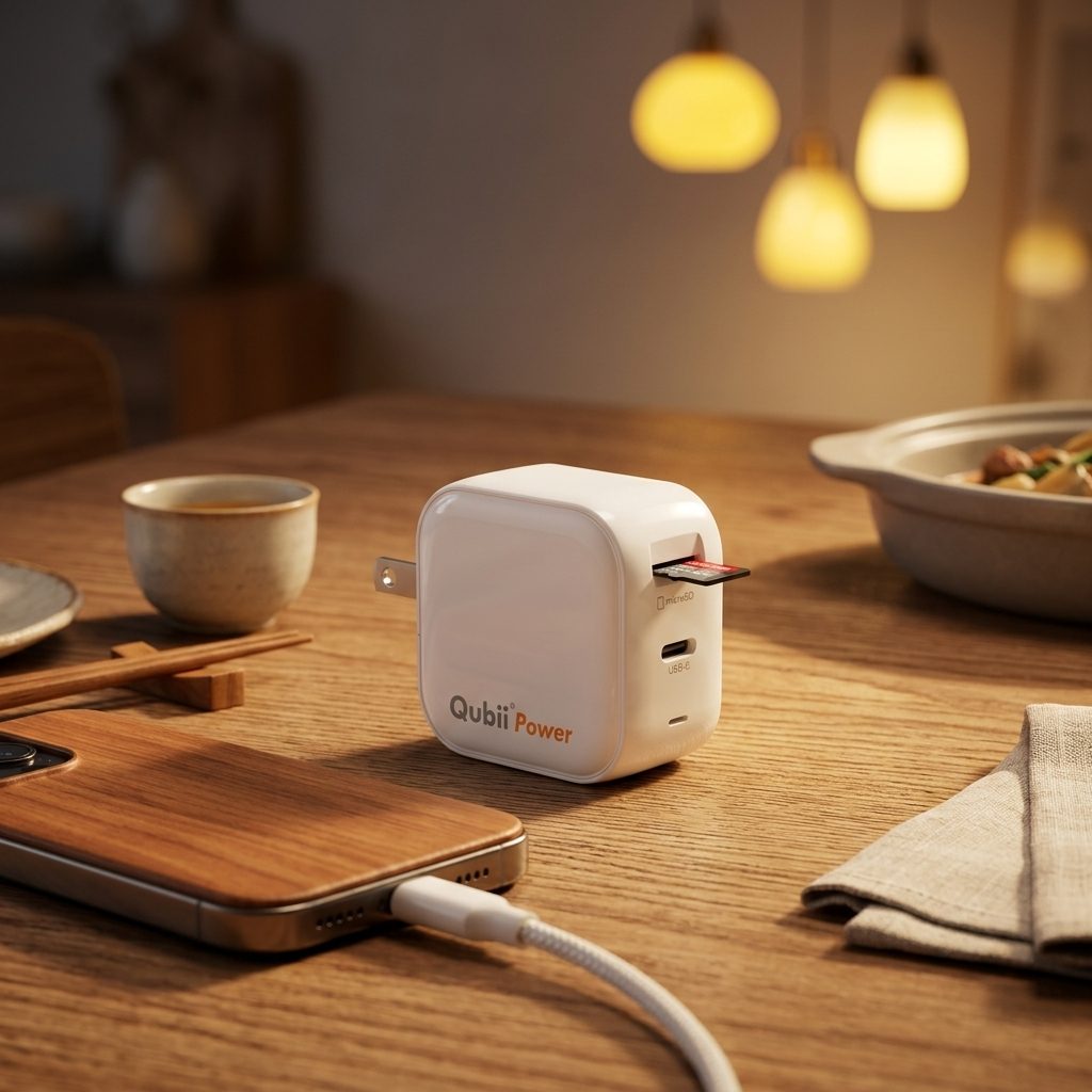 Qubii Power on a nightstand under low warm light — set it once, backs up every night