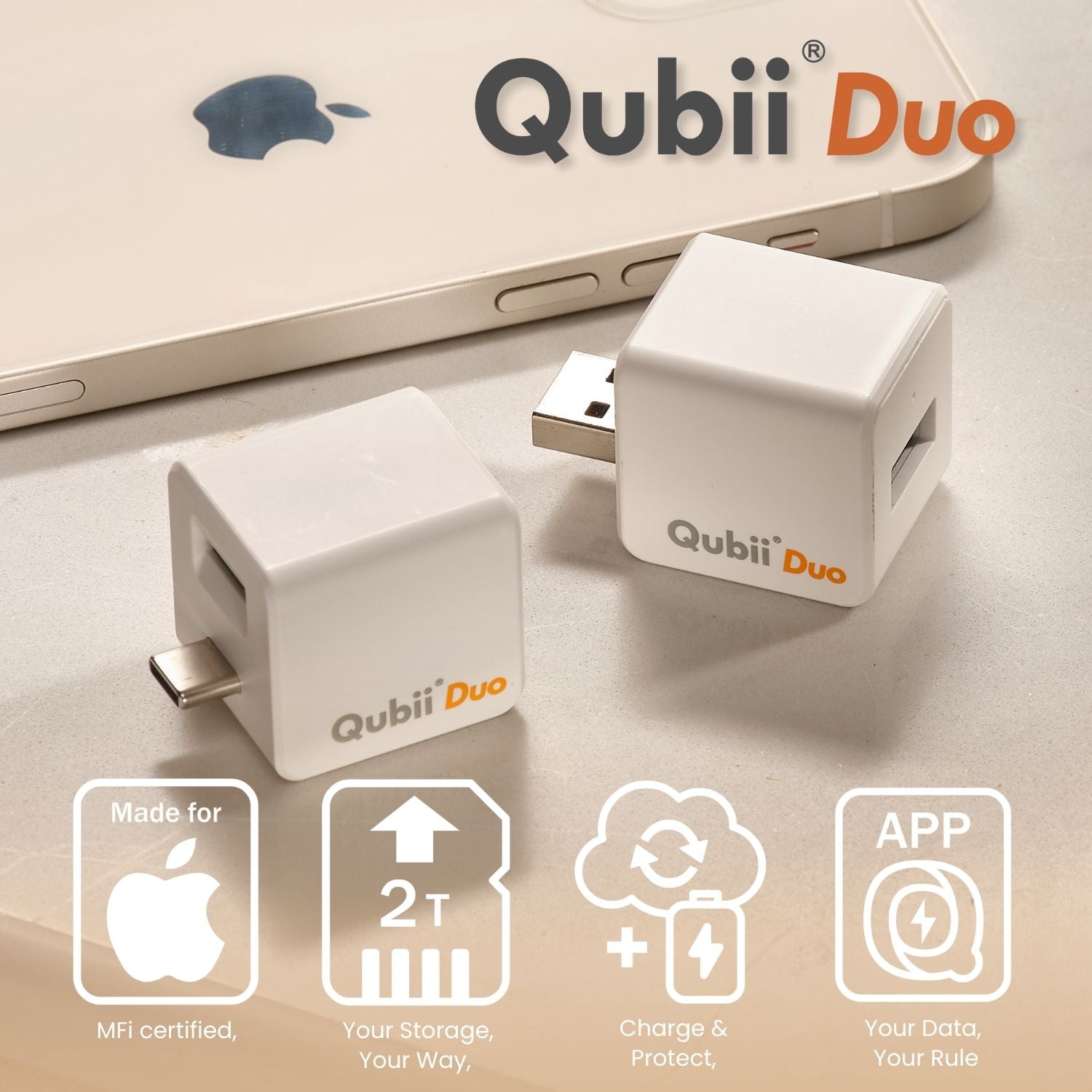 MAKTAR MFi-Certified Qubii Duo USB-C Auto Photo Storage & iPhone Backup While Charging Ends icloud fees. Free APP Apple Android One Button Restore and Backup with Photo Management