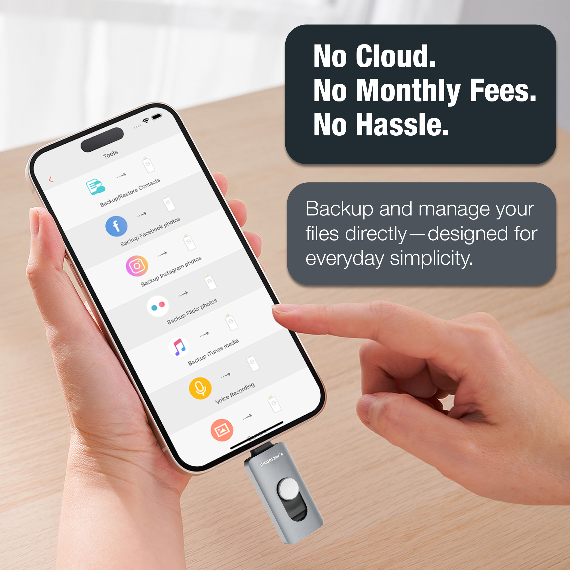 Piconizer 4: Portable Auto-Backup Flash Drive for iOS and Android Devices