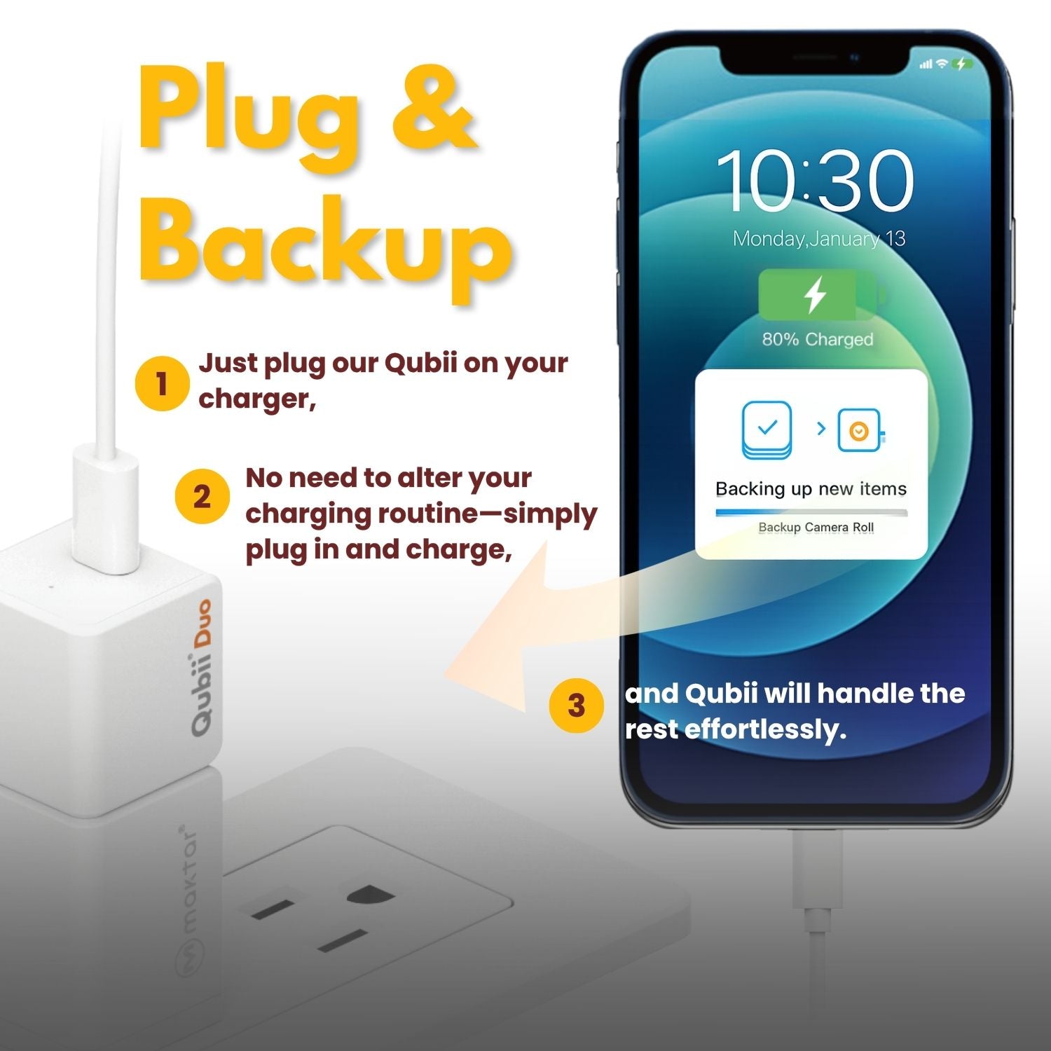 MAKTAR MFi-Certified Qubii Duo USB-C Auto Photo Storage & iPhone Backup While Charging Ends icloud fees. Free APP Apple Android One Button Restore and Backup with Photo Management