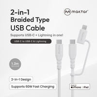 Maktar CCL 2-in-1 USB-C to Lightning Cable, MFi Certified, Nylon Braided, Fast Charging, 60W Output, 1.2m Length