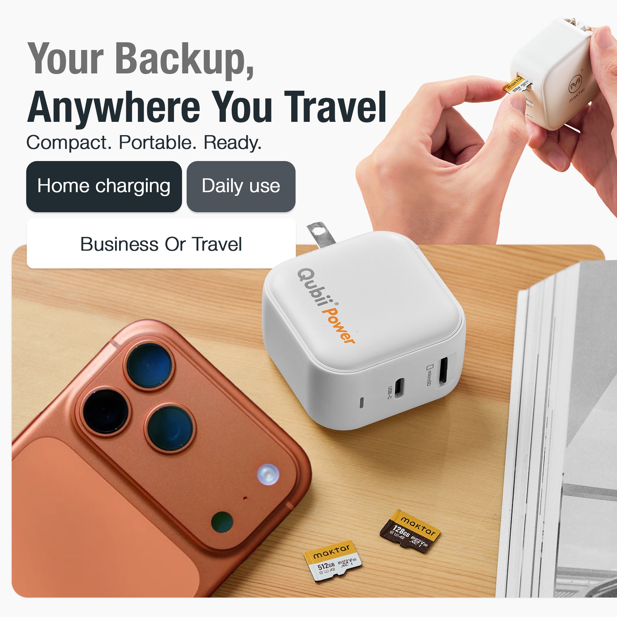 Qubii Power - Fast Charger & Backup Device for iPhone & Android - Auto Backup Photos, Videos, Contacts - USB-C Charging, Secure Data Storage & Transfer