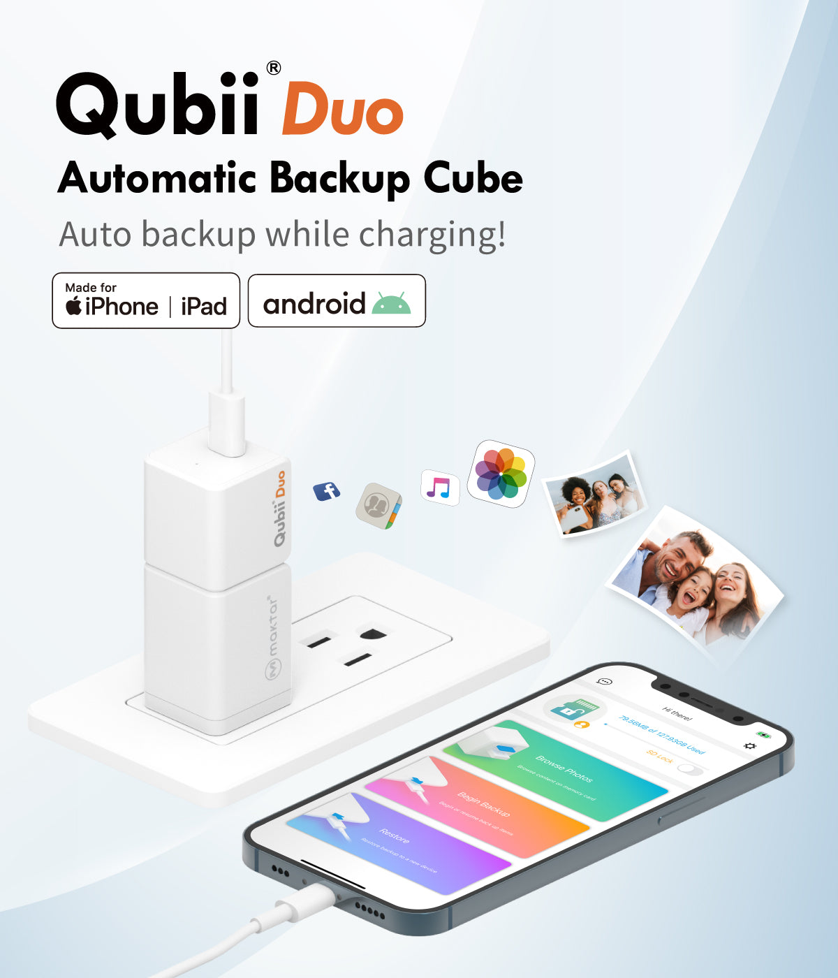 Qubii Duo: Auto-Backup Cube for iOS & Android Devices While Charging