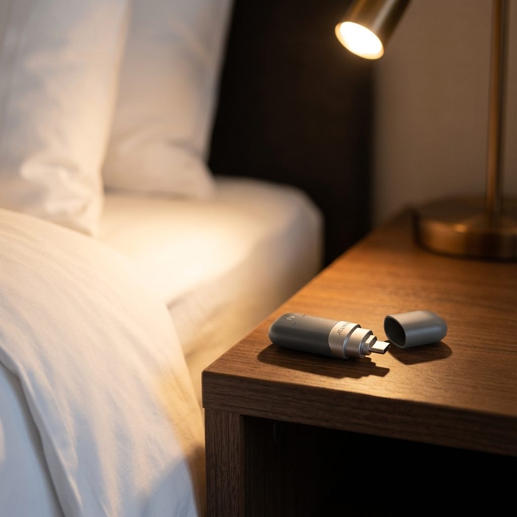 Nukii on a nightstand under a brass lamp — lifestyle