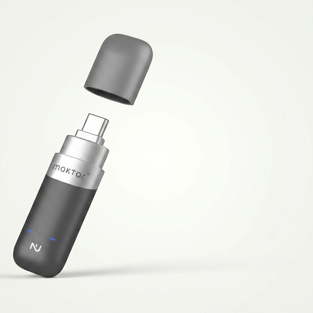 Nukii floating against a light background, cap off, showing aluminum collar and NFC indicator — two colors, lighter than a pen