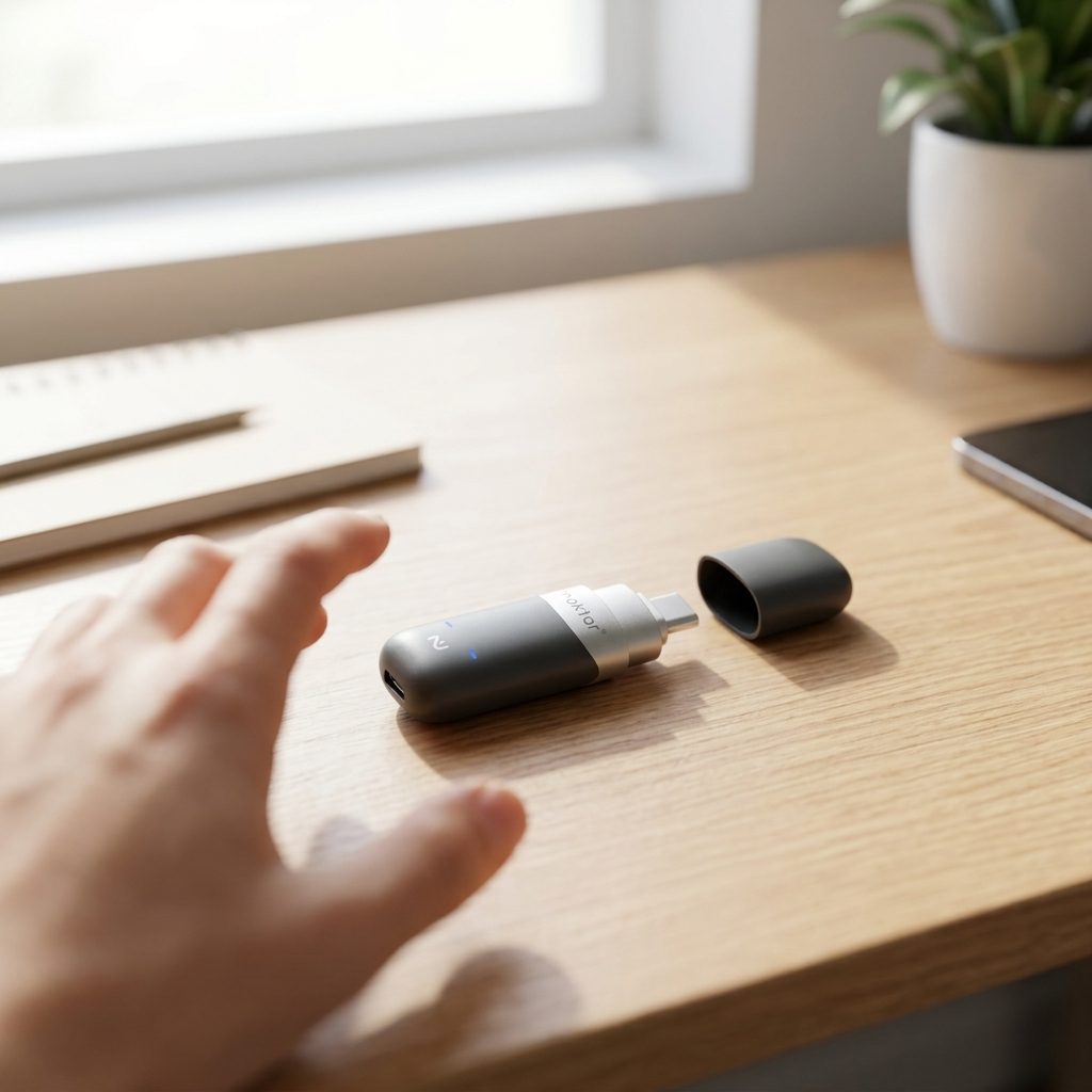 Nukii on a wood desk with hand reaching — setup
