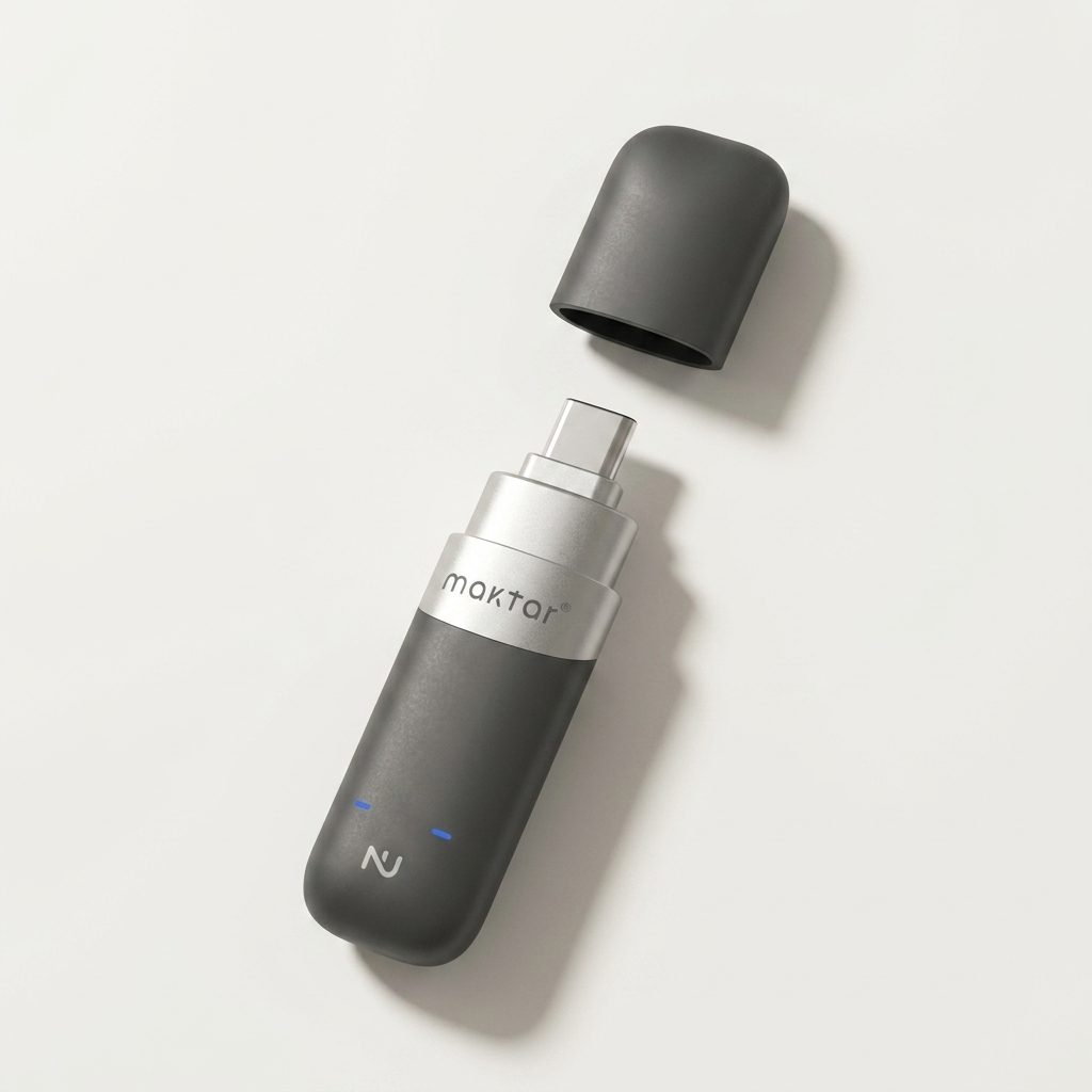 Nukii NFC Encrypted Flash Drive — Space Gray, cap off, on a clean studio background