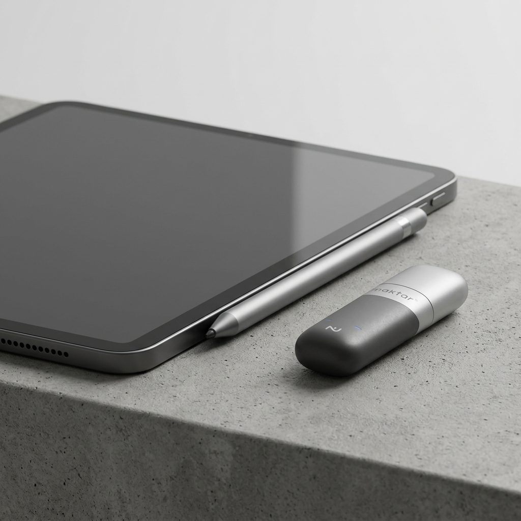 Nukii next to an iPad and Apple Pencil on concrete — features