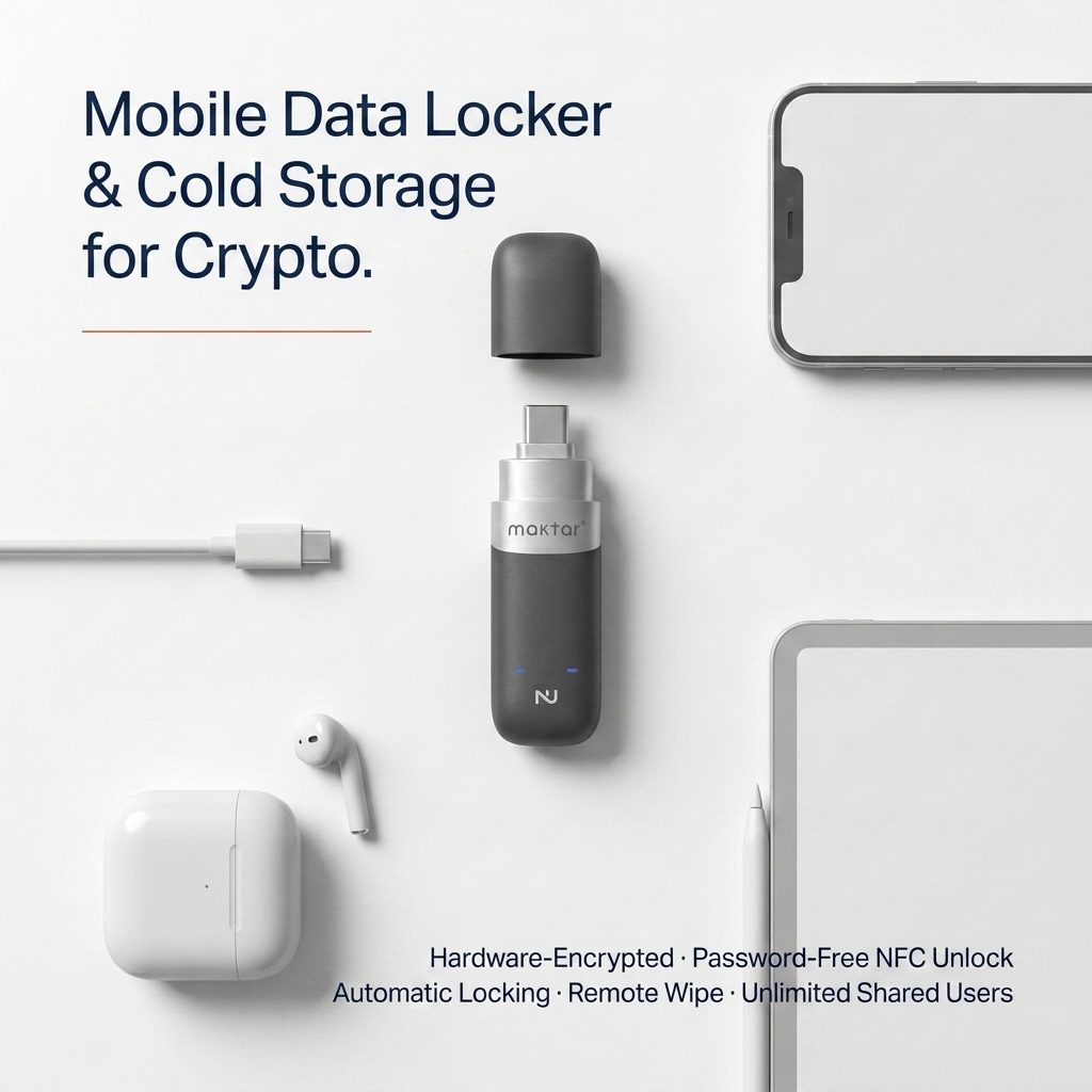Mobile Data Locker and Cold Storage for Crypto — Nukii in a flatlay with iPhone, AirPods, iPad, and USB-C cable, with feature row: Hardware-Encrypted · Password-Free NFC Unlock · Automatic Locking · Remote Wipe · Unlimited Shared Users