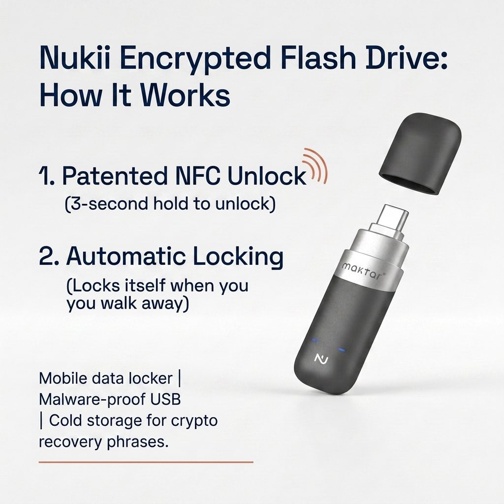 Nukii Encrypted Flash Drive: How It Works — 1. Patented NFC Unlock (3-second hold) and 2. Automatic Locking (locks itself when you walk away)