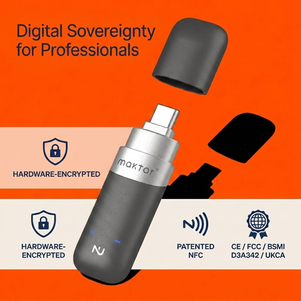 Digital Sovereignty for Professionals — Nukii drive with three callouts: Hardware-Encrypted, Patented NFC, CE/FCC/BSMI/UKCA certified