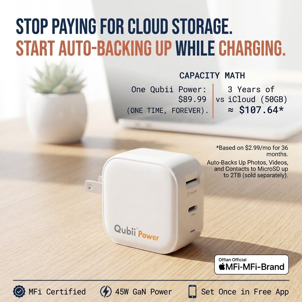 Qubii Power beside a MacBook — 45W fast charging plus 2TB peace of mind, the only wall charger that backs up your iPhone while it charges