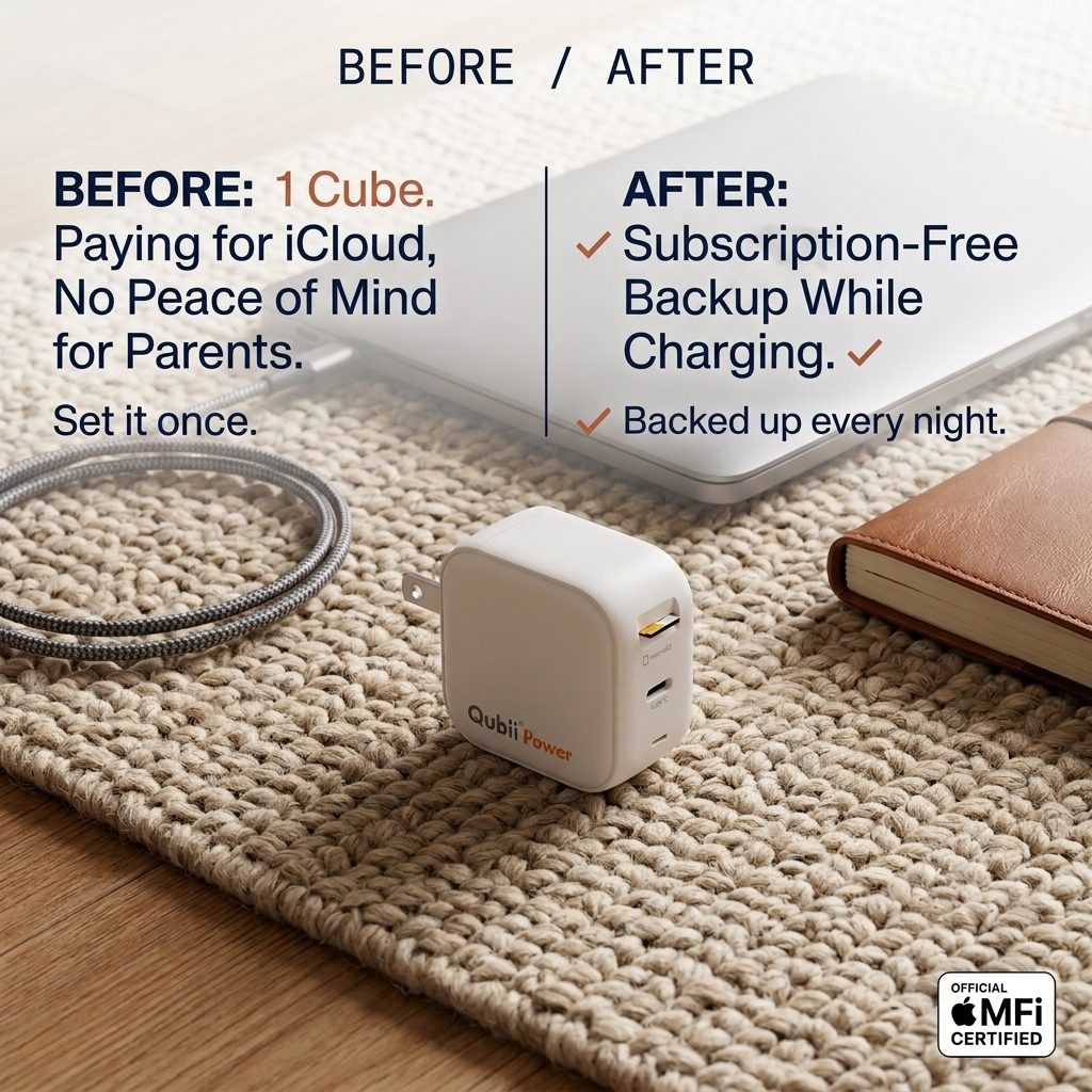 Before and after — Qubii Power on a woven rug beside a laptop and journal, subscription-free backup while charging